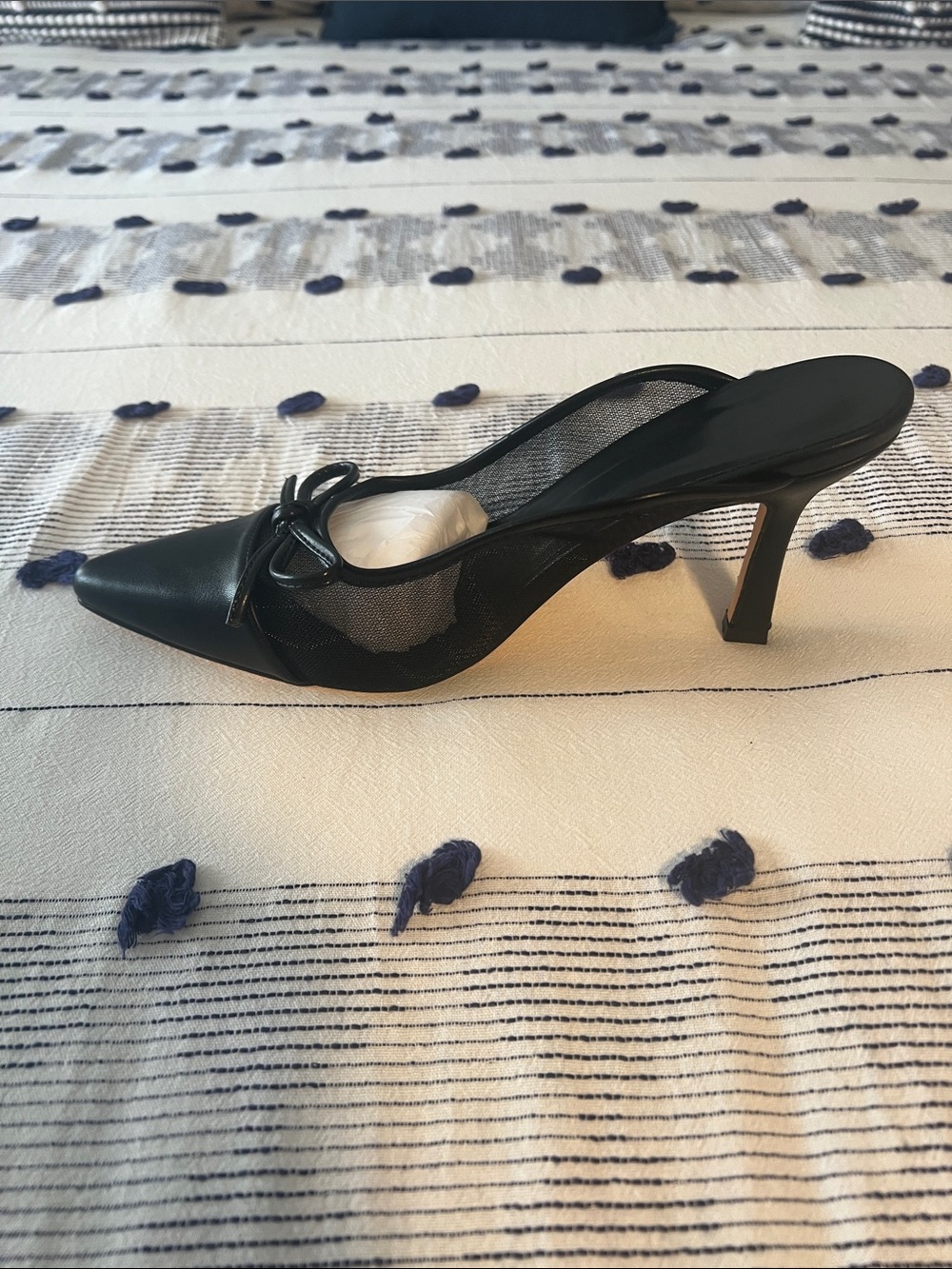 Black Mesh & Leather Pointed-Toe Mule Heels